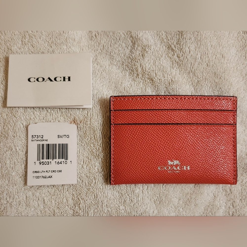 NWT Authentic Coach Tangerine and Silver Cross Grain Leather Flat Card Case